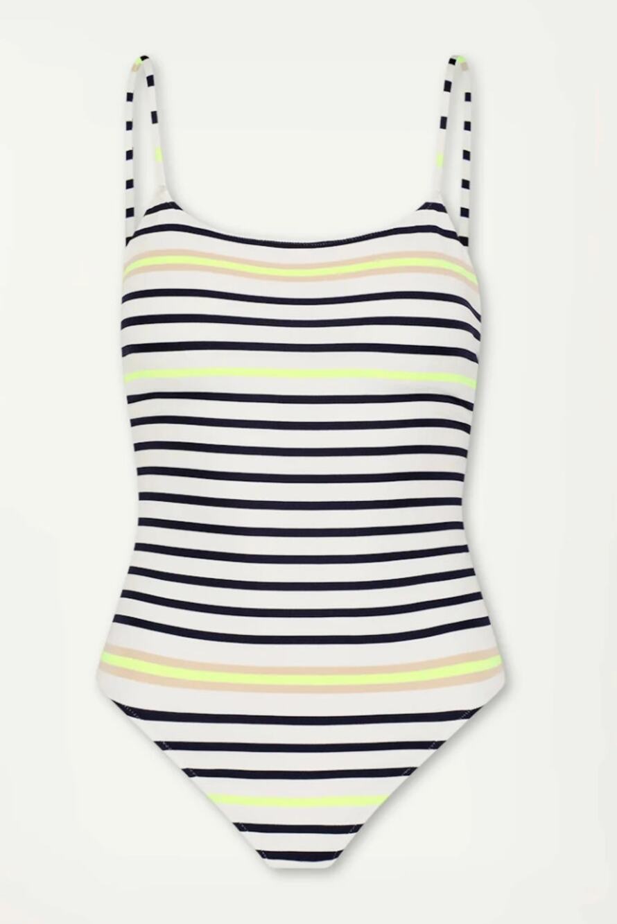 Lemlem Elene One Piece Swim Suit Striped White Neon Navy Size Large L